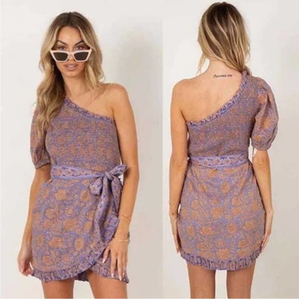 Cleobella Cassidy Purple Floral One Shoulder 100% Cotton Mini Wrap Dress
